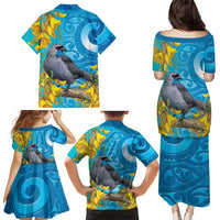 New Zealand Kokako Bird Family Matching Puletasi and Hawaiian Shirt Maori Koru With Kowhai Flowers