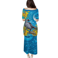 New Zealand Kokako Bird Family Matching Puletasi and Hawaiian Shirt Maori Koru With Kowhai Flowers