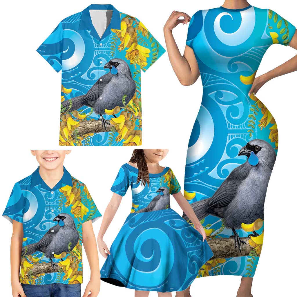 New Zealand Kokako Bird Family Matching Short Sleeve Bodycon Dress and Hawaiian Shirt Maori Koru With Kowhai Flowers