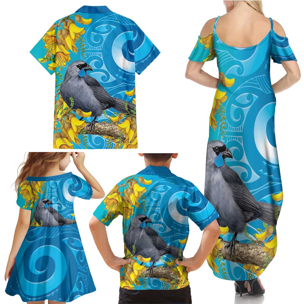 New Zealand Kokako Bird Family Matching Summer Maxi Dress and Hawaiian Shirt Maori Koru With Kowhai Flowers
