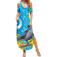 New Zealand Kokako Bird Family Matching Summer Maxi Dress and Hawaiian Shirt Maori Koru With Kowhai Flowers