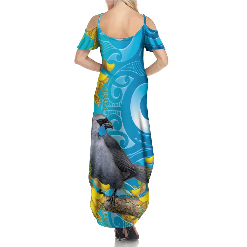 New Zealand Kokako Bird Family Matching Summer Maxi Dress and Hawaiian Shirt Maori Koru With Kowhai Flowers