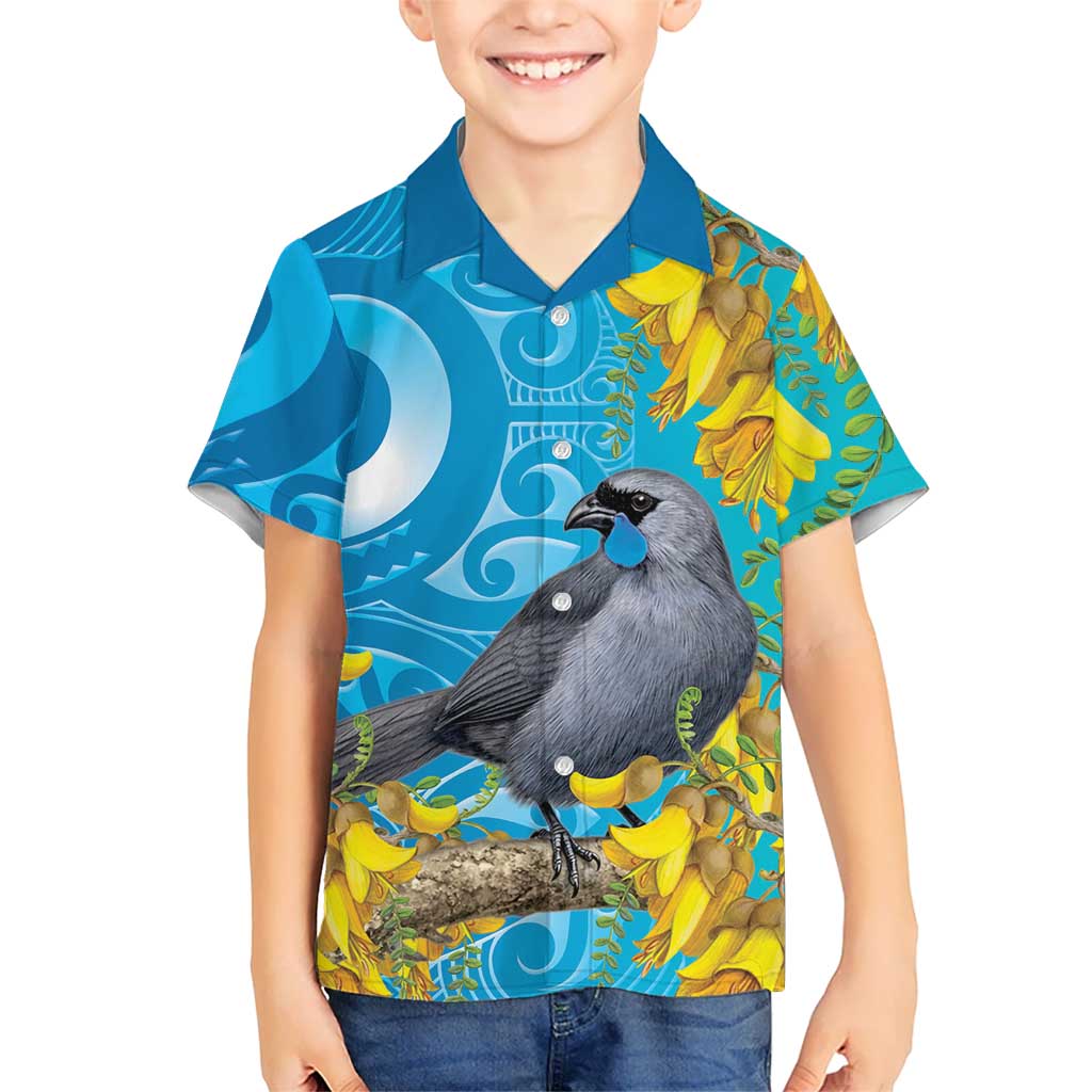 New Zealand Kokako Bird Family Matching Summer Maxi Dress and Hawaiian Shirt Maori Koru With Kowhai Flowers