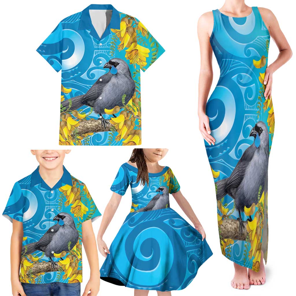 New Zealand Kokako Bird Family Matching Tank Maxi Dress and Hawaiian Shirt Maori Koru With Kowhai Flowers
