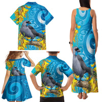 New Zealand Kokako Bird Family Matching Tank Maxi Dress and Hawaiian Shirt Maori Koru With Kowhai Flowers LT05 - Polynesian Pride