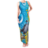 New Zealand Kokako Bird Family Matching Tank Maxi Dress and Hawaiian Shirt Maori Koru With Kowhai Flowers LT05 Mom's Dress Aqua - Polynesian Pride