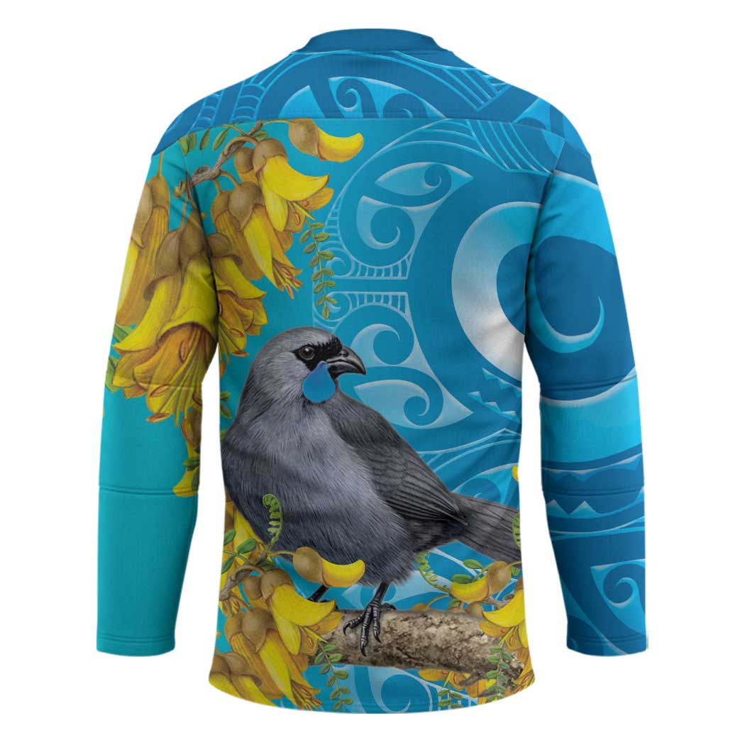 New Zealand Kokako Bird Hockey Jersey Maori Koru With Kowhai Flowers - Polynesian Pride