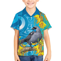 New Zealand Kokako Bird Kid Hawaiian Shirt Maori Koru With Kowhai Flowers - Polynesian Pride