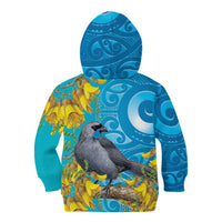 New Zealand Kokako Bird Kid Hoodie Maori Koru With Kowhai Flowers - Polynesian Pride