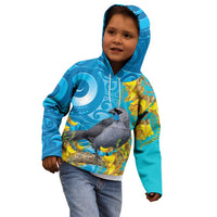 New Zealand Kokako Bird Kid Hoodie Maori Koru With Kowhai Flowers - Polynesian Pride