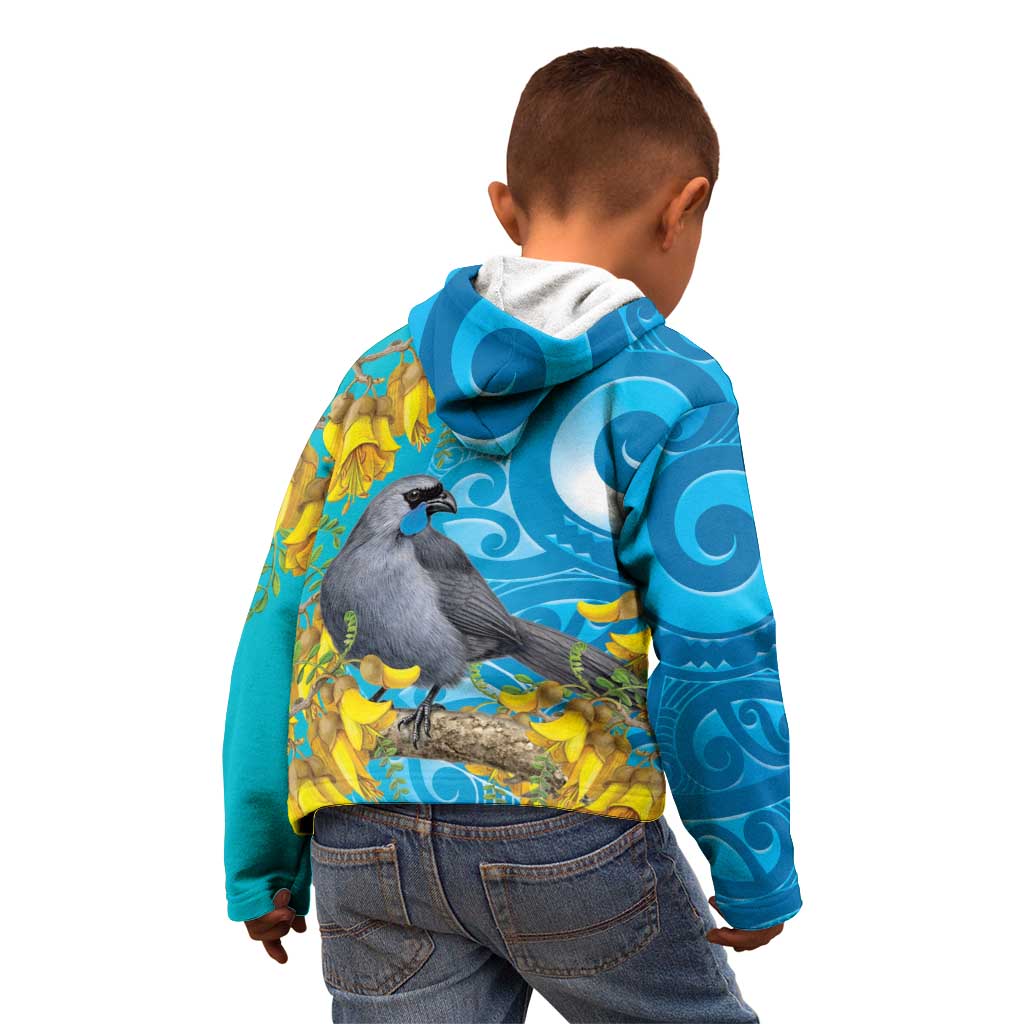 New Zealand Kokako Bird Kid Hoodie Maori Koru With Kowhai Flowers - Polynesian Pride