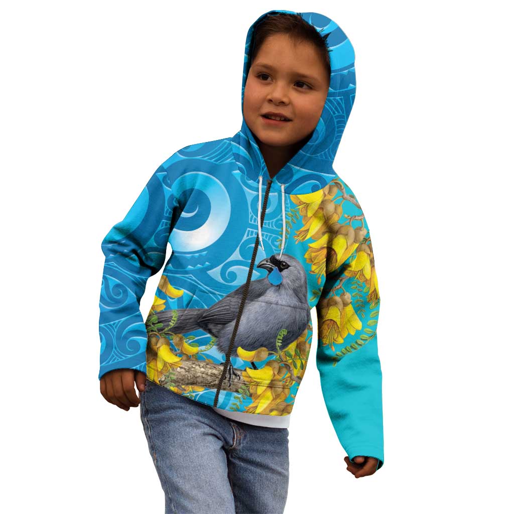 New Zealand Kokako Bird Kid Hoodie Maori Koru With Kowhai Flowers - Polynesian Pride