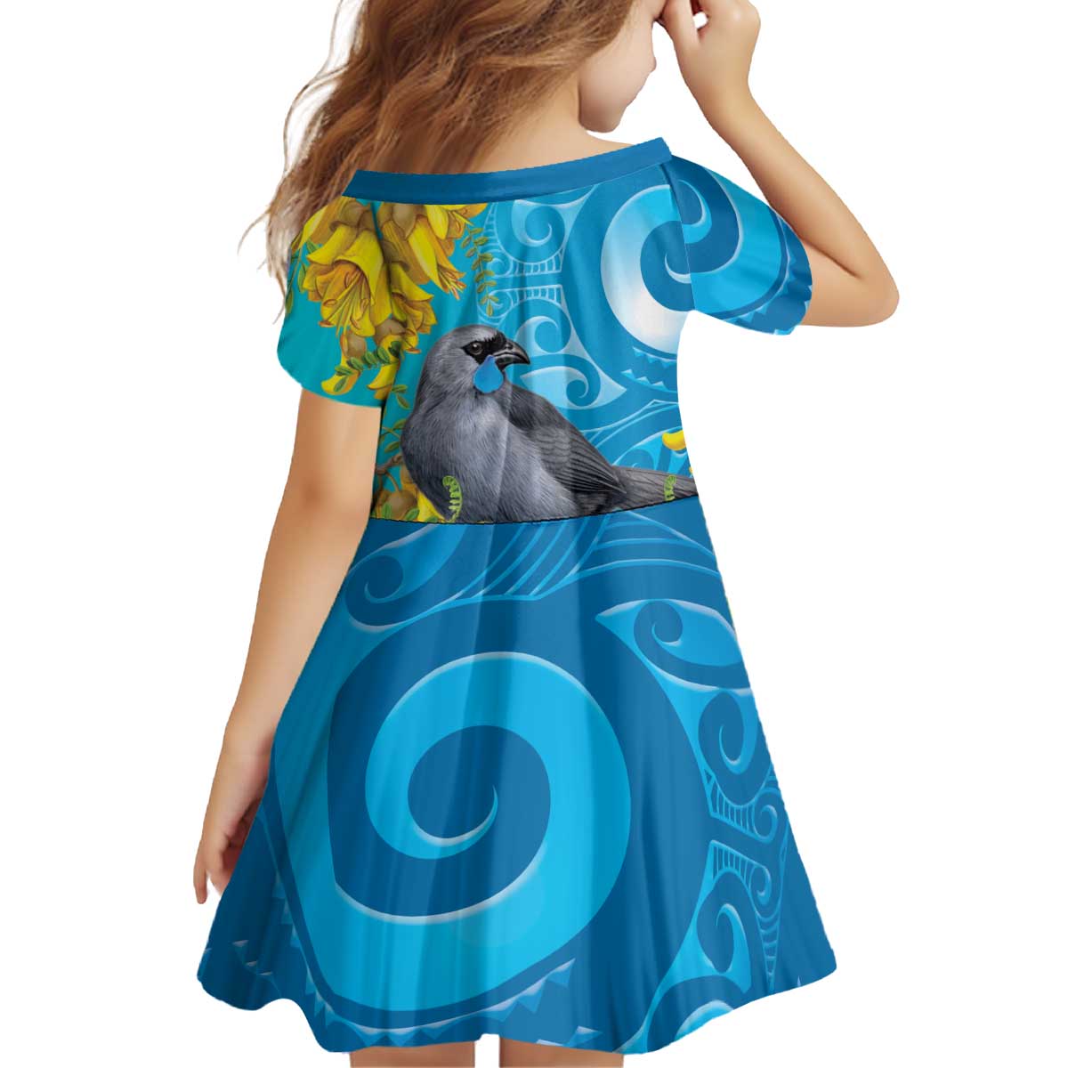 New Zealand Kokako Bird Kid Short Sleeve Dress Maori Koru With Kowhai Flowers - Polynesian Pride