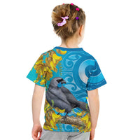 New Zealand Kokako Bird Kid T Shirt Maori Koru With Kowhai Flowers - Polynesian Pride