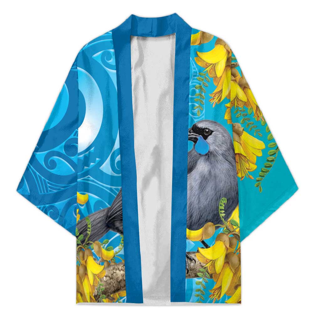 New Zealand Kokako Bird Kimono Maori Koru With Kowhai Flowers LT05 Unisex Aqua - Polynesian Pride
