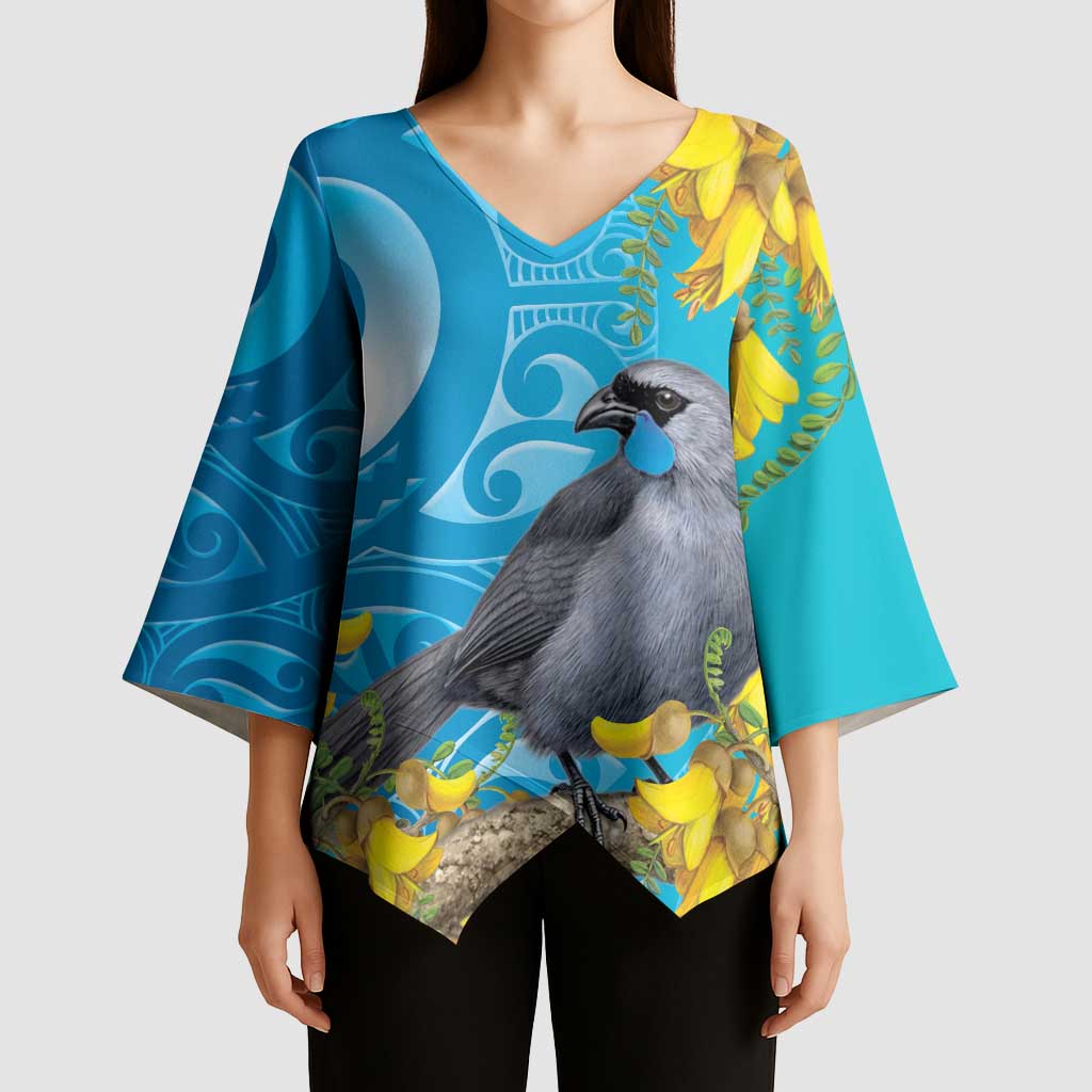 New Zealand Kokako Bird Kimono Sleeve Blouse Maori Koru With Kowhai Flowers LT05 - Polynesian Pride