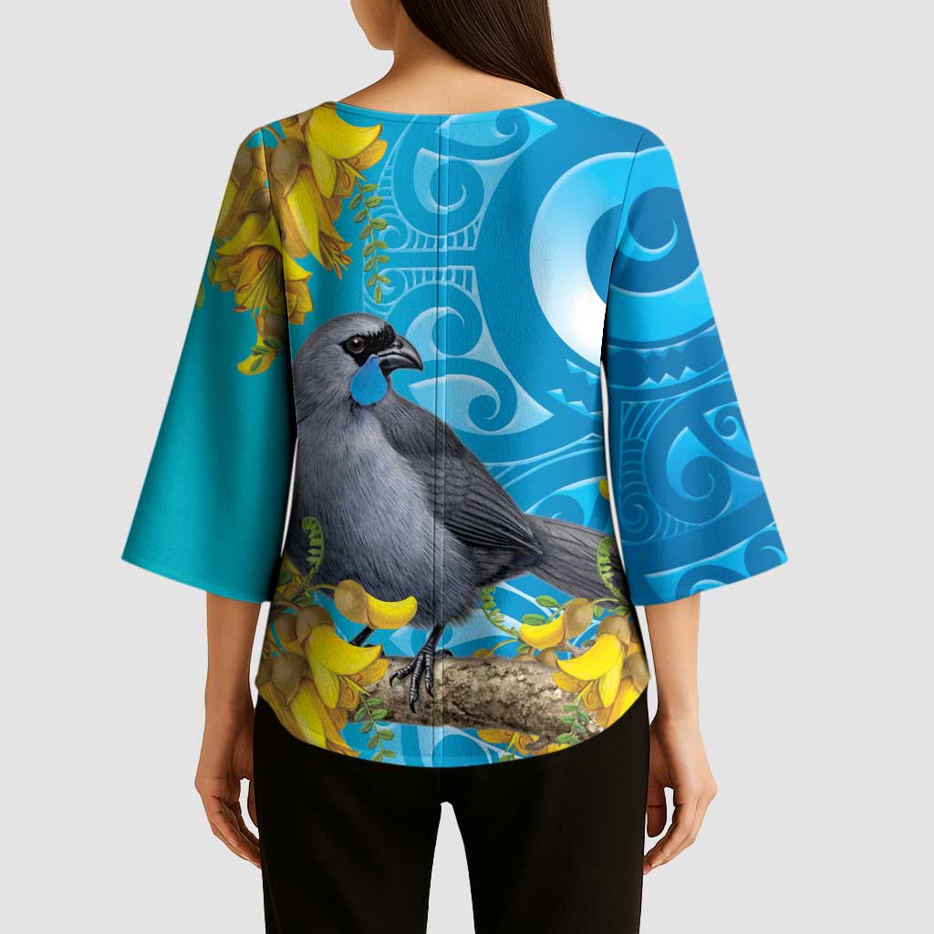 New Zealand Kokako Bird Kimono Sleeve Blouse Maori Koru With Kowhai Flowers LT05 - Polynesian Pride