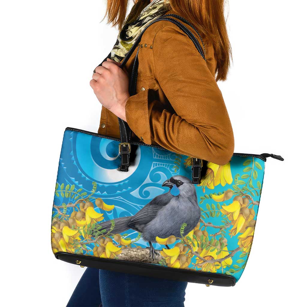 New Zealand Kokako Bird Leather Tote Bag Maori Koru With Kowhai Flowers - Polynesian Pride