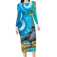 New Zealand Kokako Bird Long Sleeve Bodycon Dress Maori Koru With Kowhai Flowers LT05 Long Dress Aqua - Polynesian Pride