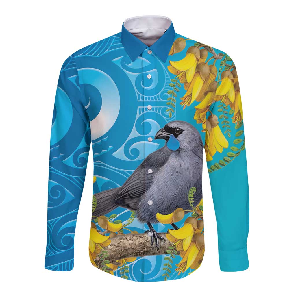 New Zealand Kokako Bird Long Sleeve Button Shirt Maori Koru With Kowhai Flowers LT05 Unisex Aqua - Polynesian Pride