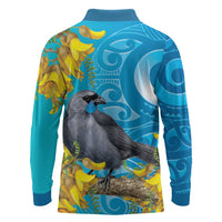 New Zealand Kokako Bird Long Sleeve Polo Shirt Maori Koru With Kowhai Flowers - Polynesian Pride