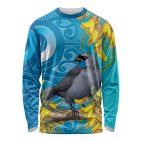 New Zealand Kokako Bird Long Sleeve Shirt Maori Koru With Kowhai Flowers LT05 Unisex Aqua - Polynesian Pride