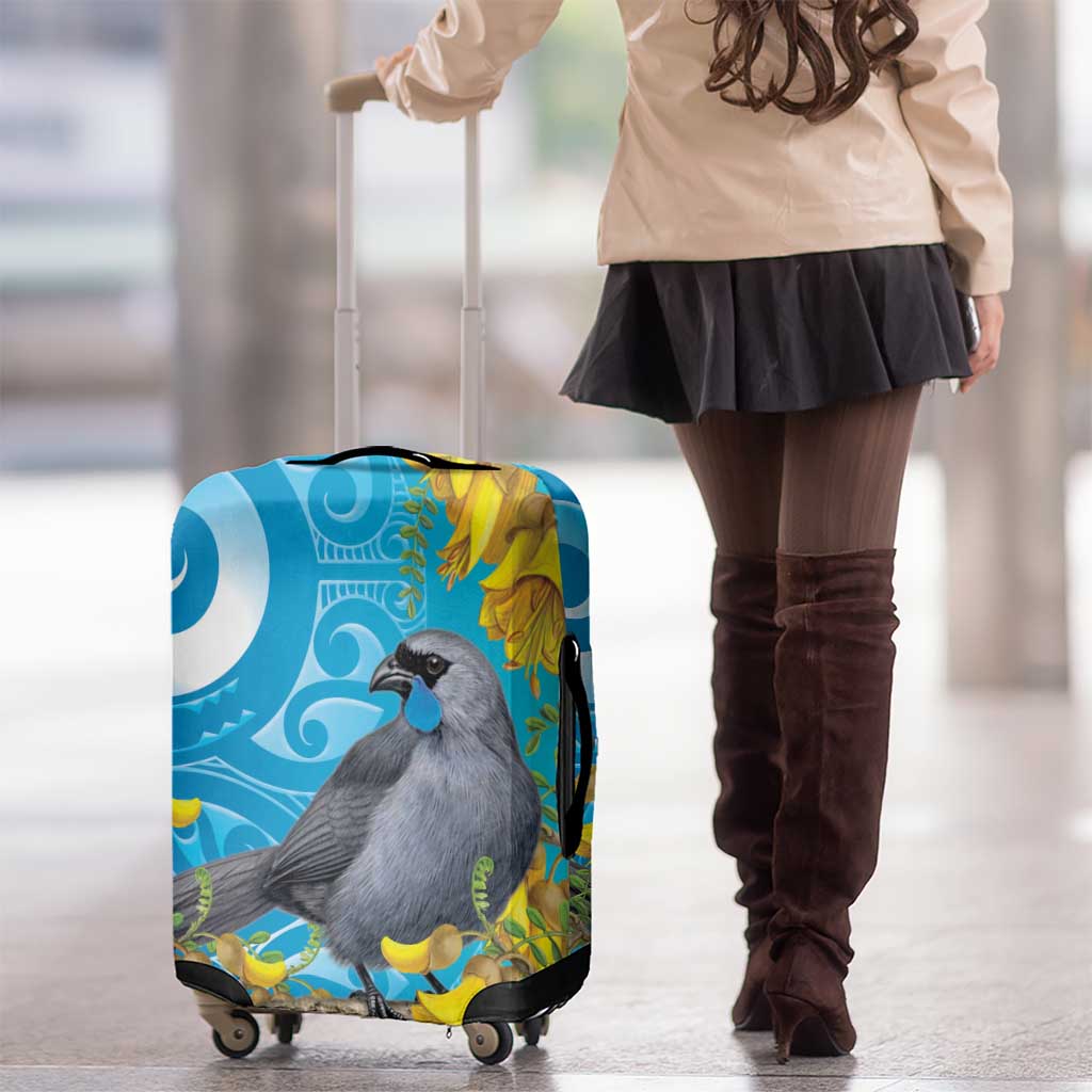 New Zealand Kokako Bird Luggage Cover Maori Koru With Kowhai Flowers - Polynesian Pride