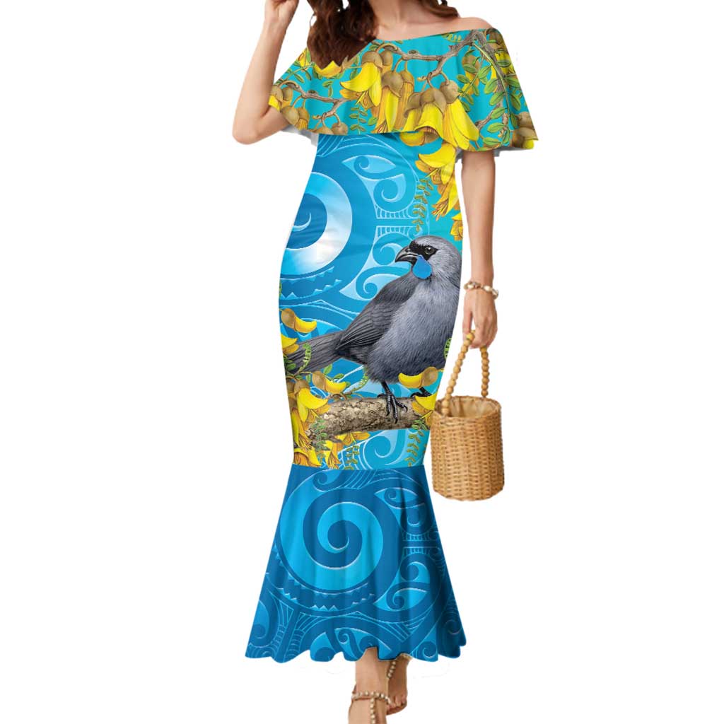 New Zealand Kokako Bird Mermaid Dress Maori Koru With Kowhai Flowers - Polynesian Pride