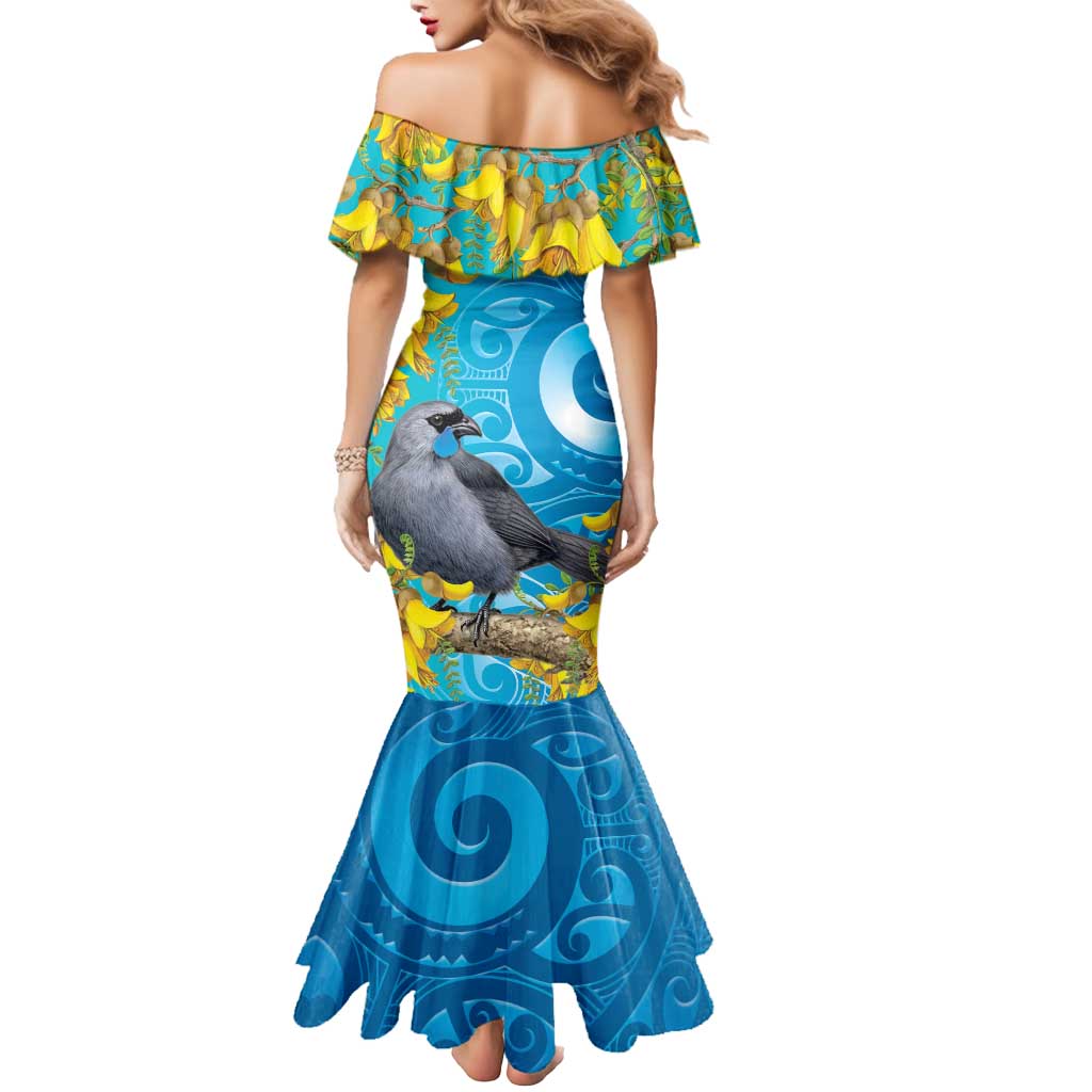 New Zealand Kokako Bird Mermaid Dress Maori Koru With Kowhai Flowers - Polynesian Pride