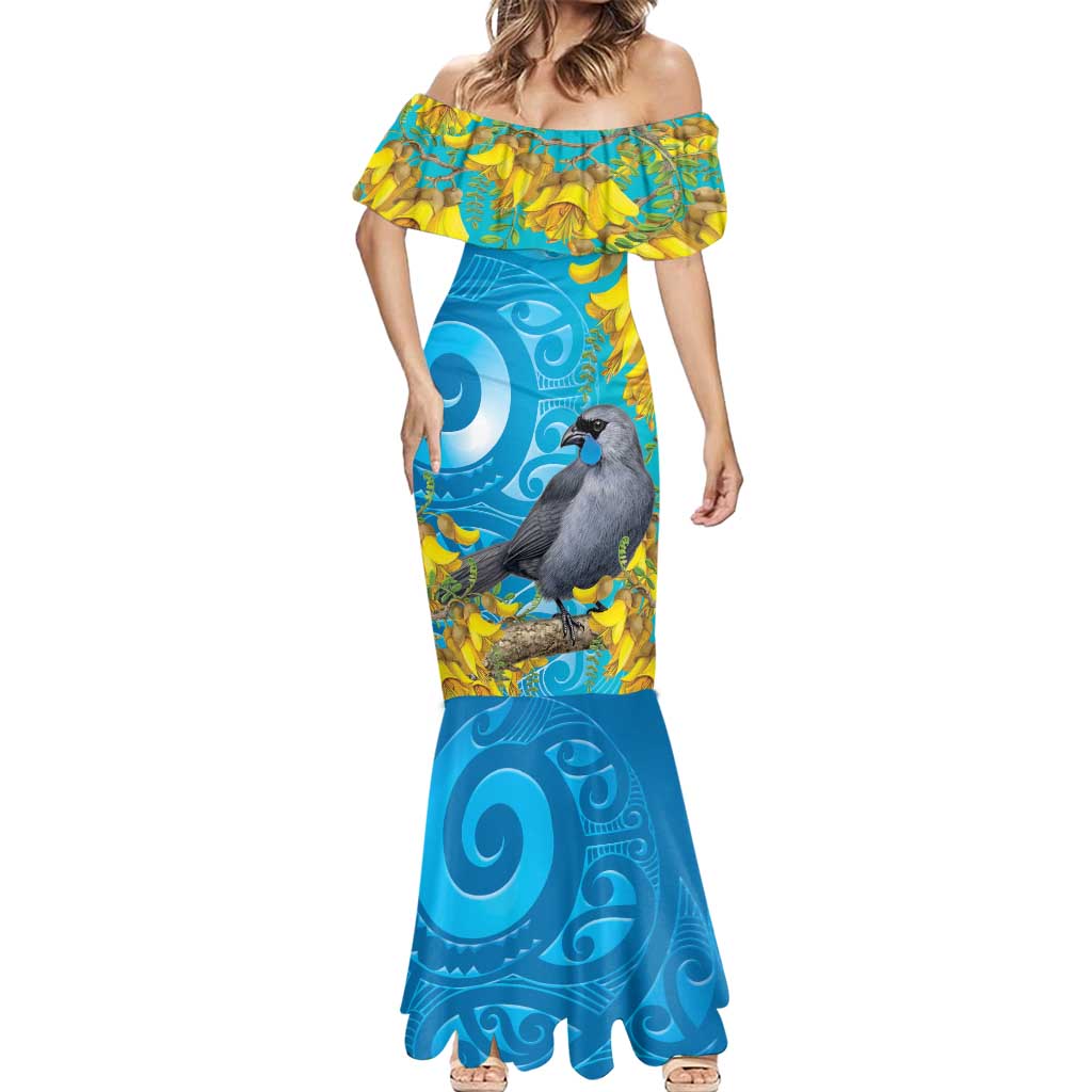New Zealand Kokako Bird Mermaid Dress Maori Koru With Kowhai Flowers - Polynesian Pride