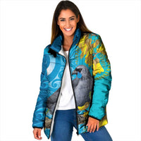 New Zealand Kokako Bird Padded Jacket Maori Koru With Kowhai Flowers LT05 Women Aqua - Polynesian Pride