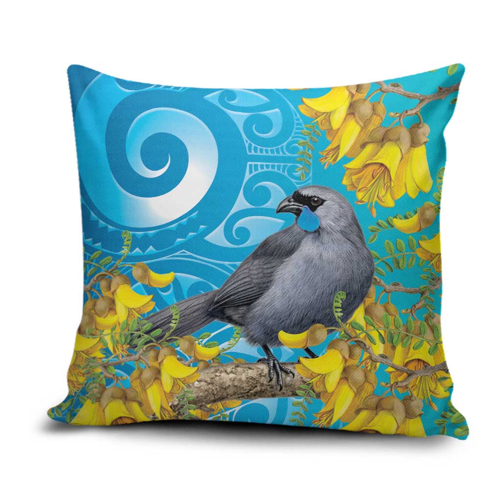 New Zealand Kokako Bird Pillow Cover Maori Koru With Kowhai Flowers LT05 Aqua - Polynesian Pride