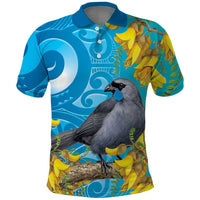 New Zealand Kokako Bird Polo Shirt Maori Koru With Kowhai Flowers - Polynesian Pride
