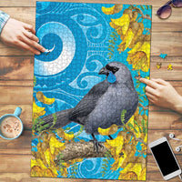 New Zealand Kokako Bird Puzzle Maori Koru With Kowhai Flowers LT05 Aqua - Polynesian Pride