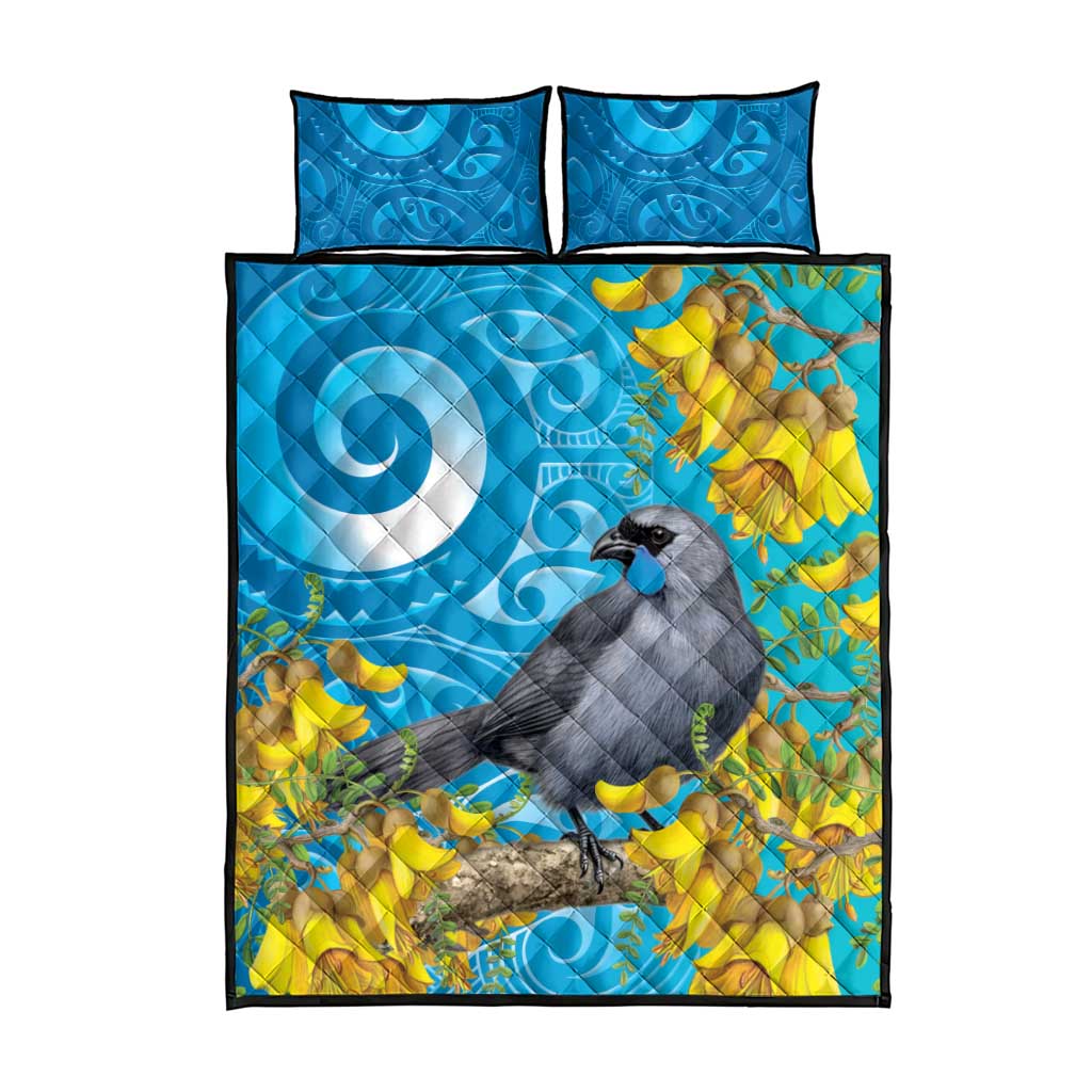 New Zealand Kokako Bird Quilt Bed Set Maori Koru With Kowhai Flowers - Polynesian Pride