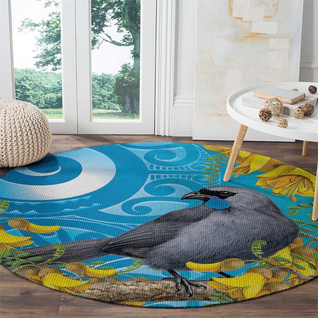 New Zealand Kokako Bird Round Carpet Maori Koru With Kowhai Flowers LT05 - Polynesian Pride
