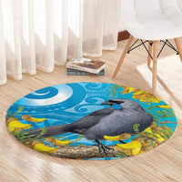 New Zealand Kokako Bird Round Carpet Maori Koru With Kowhai Flowers LT05 - Polynesian Pride
