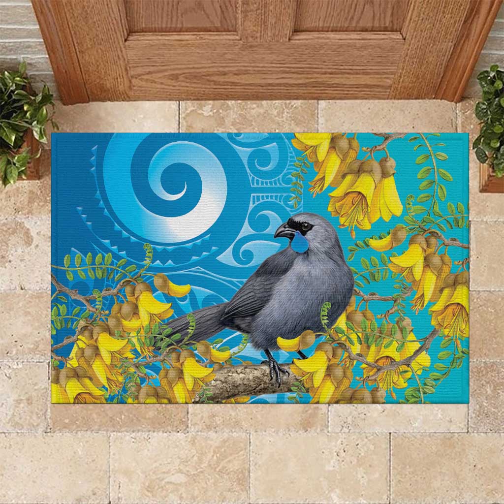 New Zealand Kokako Bird Rubber Doormat Maori Koru With Kowhai Flowers LT05 Aqua - Polynesian Pride