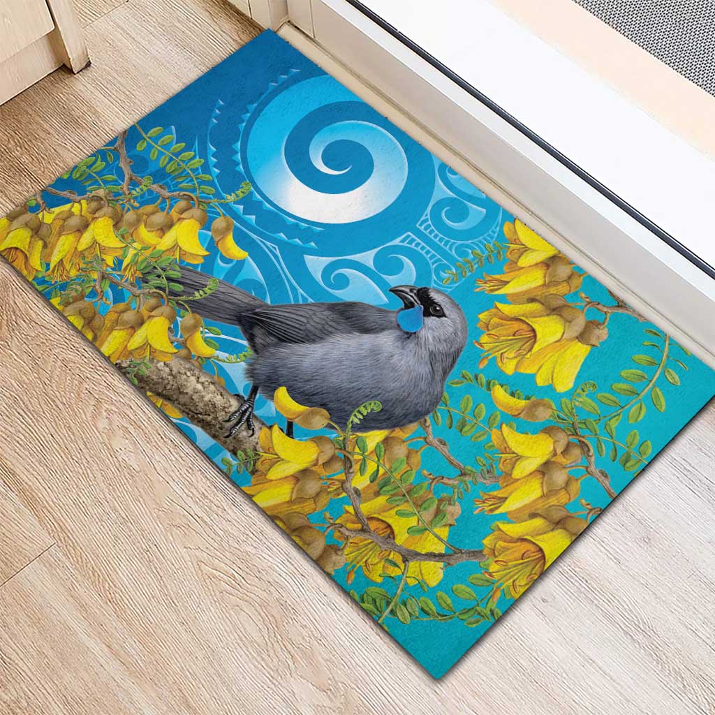 New Zealand Kokako Bird Rubber Doormat Maori Koru With Kowhai Flowers - Polynesian Pride