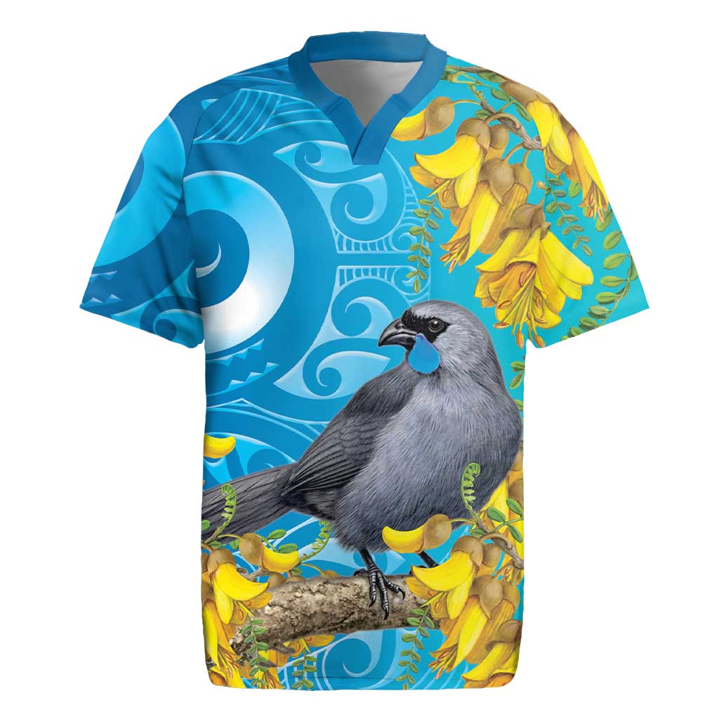 New Zealand Kokako Bird Rugby Jersey Maori Koru With Kowhai Flowers - Polynesian Pride