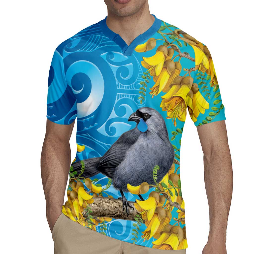 New Zealand Kokako Bird Rugby Jersey Maori Koru With Kowhai Flowers - Polynesian Pride