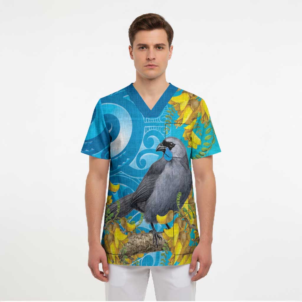 New Zealand Kokako Bird Scrub Top Maori Koru With Kowhai Flowers LT05 - Polynesian Pride