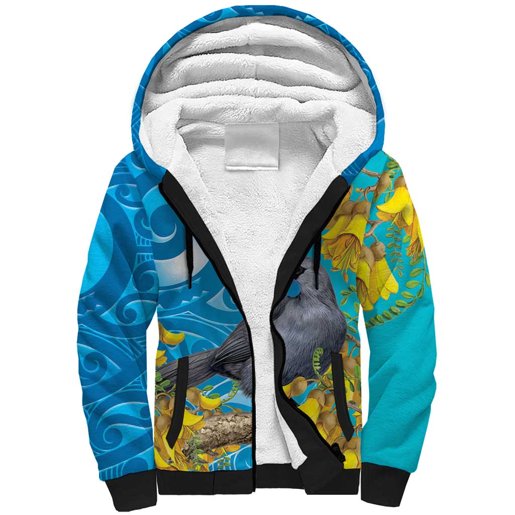 New Zealand Kokako Bird Sherpa Hoodie Maori Koru With Kowhai Flowers LT05 Unisex Aqua - Polynesian Pride