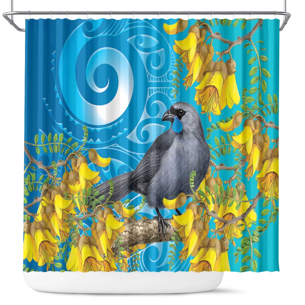 New Zealand Kokako Bird Shower Curtain Maori Koru With Kowhai Flowers LT05 Aqua - Polynesian Pride