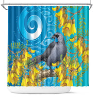 New Zealand Kokako Bird Shower Curtain Maori Koru With Kowhai Flowers LT05 Aqua - Polynesian Pride