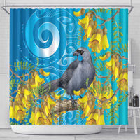 New Zealand Kokako Bird Shower Curtain Maori Koru With Kowhai Flowers LT05 - Polynesian Pride