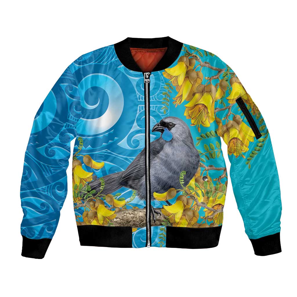 New Zealand Kokako Bird Sleeve Zip Bomber Jacket Maori Koru With Kowhai Flowers LT05 Unisex Aqua - Polynesian Pride