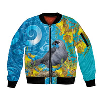 New Zealand Kokako Bird Sleeve Zip Bomber Jacket Maori Koru With Kowhai Flowers LT05 Unisex Aqua - Polynesian Pride