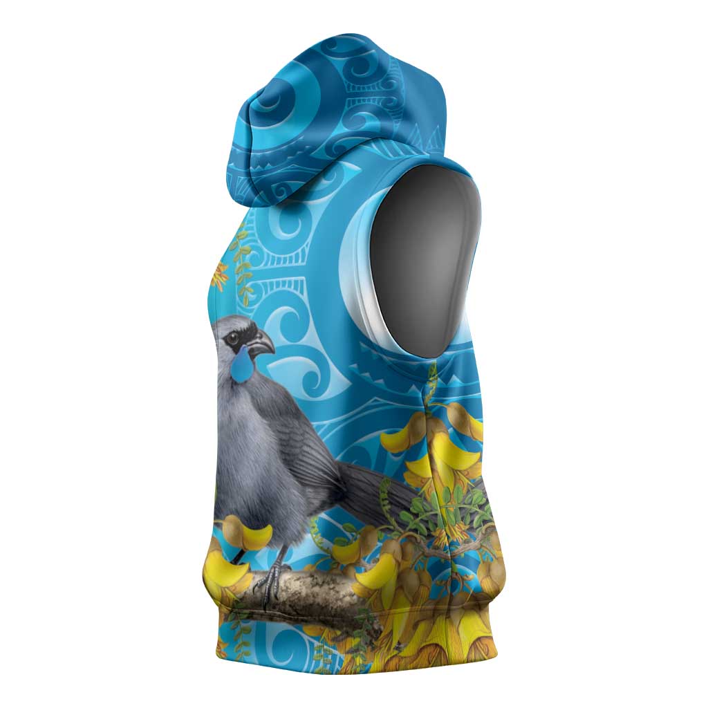 New Zealand Kokako Bird Sleeveless Hoodie Maori Koru With Kowhai Flowers - Polynesian Pride