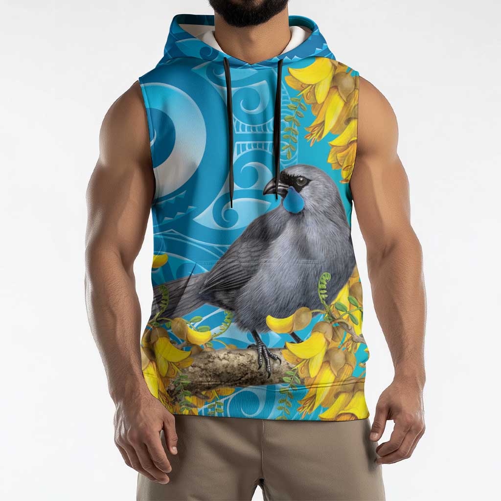 New Zealand Kokako Bird Sleeveless Hoodie Maori Koru With Kowhai Flowers - Polynesian Pride